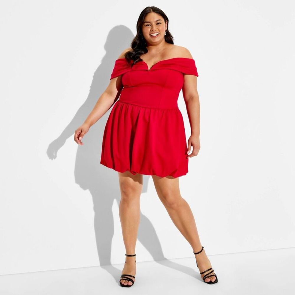 Women's Short Sleeve Plunge Bubble Mini A-Line Dress - Wild Fable Red 3X